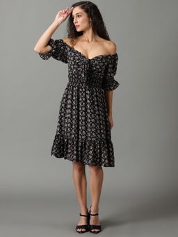 SHOWOFF - Womens Above The Off Shoulder Printed Fit And Flare Black Dress