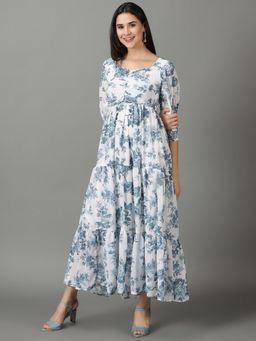 SHOWOFF - Womens V-Neck Printed Fit And Flare White Dress