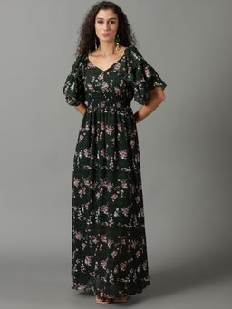 SHOWOFF - Womens V Neck Printed Fit And Flare Green Dress