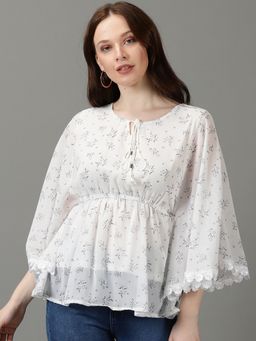 SHOWOFFFF - Womens Printed Georgette Kaftan White Top
