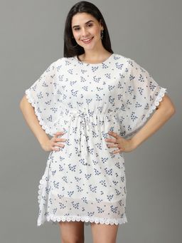 SHOWOFF - Womens Round Neck Printed Kaftan Off White Dress
