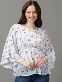 SHOWOFFFF - Womens Printed Georgette Kaftan White Top