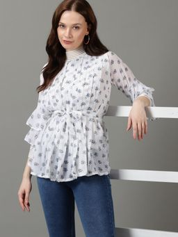 SHOWOFFFF - Womens Printed Chiffon Regular White Top