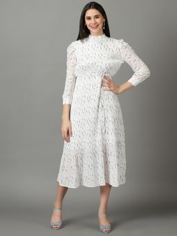 SHOWOFF - Womens High Neck Printed Sheath White Dress