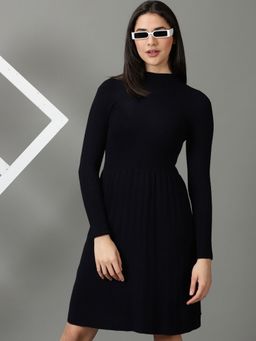 SHOWOFF - Womens High Neck Solid Fit And Flare Navy Blue Dress