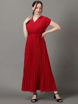 SHOWOFF - Womens V-Neck Solid Maxi Red Dress with Belt (Set of 2)