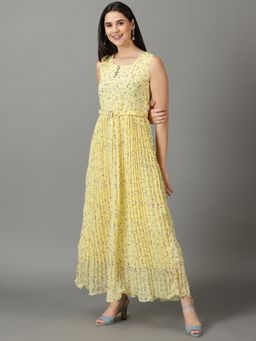 SHOWOFF - Womens Round Neck Printed Maxi Yellow Dress with Belt (Set of 2)