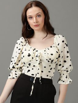 SHOWOFFFF - Womens Printed Chiffon Blouson Off White Crop Top
