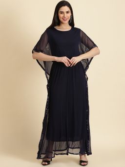 SHOWOFF - Womens Round Neck Solid Kaftan Navy Blue Dress