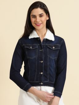 SHOWOFFFF - Womens Spread Collar Solid Navy Blue Denim Jacket