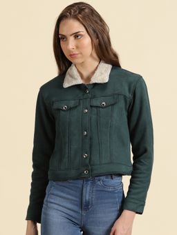 SHOWOFFFF - Womens Mock Collar Solid Green Open Front Jacket