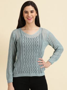 SHOWOFFFF - Womens V Neck Self Design Grey Regular Sweater