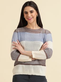 SHOWOFFFF - Womens Round Neck Colourblocked Brown Regular Top
