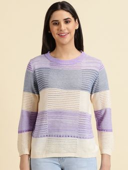 SHOWOFFFF - Womens Round Neck Self Design Lavender Regular Sweater