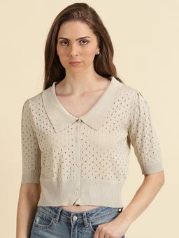 SHOWOFFFF - Womens Above The Keyboard Collar Self Design Beige Regular Top