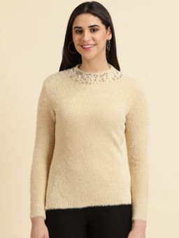 SHOWOFFFF - Womens High Neck Beige Regular Top