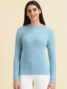 SHOWOFFFF - Womens High Neck Blue Regular Top