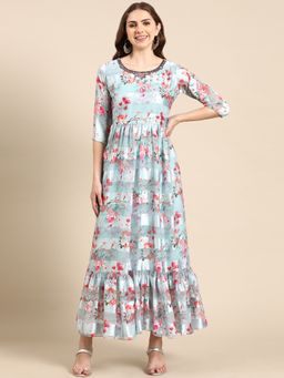 SHOWOFF - Womens Printed Sea Green Round Neck Maxi Dress