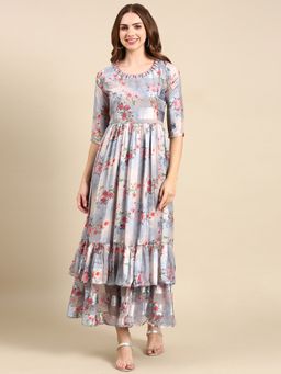 SHOWOFF - Womens Printed Grey Round Neck Maxi Dress
