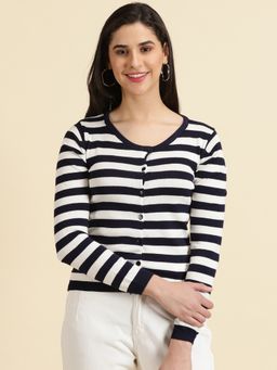 SHOWOFFFF - Womens Scoop Neck Striped Navy Blue Regular Top