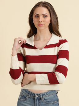 SHOWOFFFF - Womens Above The Keyboard Collar Striped Cream Crop Top