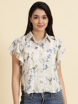 SHOWOFF - Womens Printed Collar Cream Shirt Style Regular Top