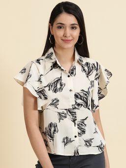 SHOWOFFFF - Womens Printed Collar Cream Shirt Style Regular Top