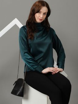 SHOWOFFFF - Womens Solid Satin Regular Green Top