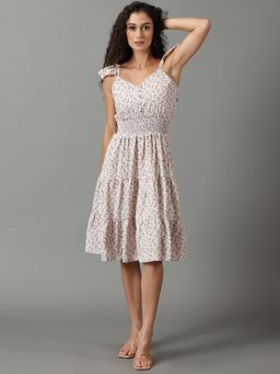 SHOWOFF - Womens V-Neck Printed Fit And Flare Pink Dress