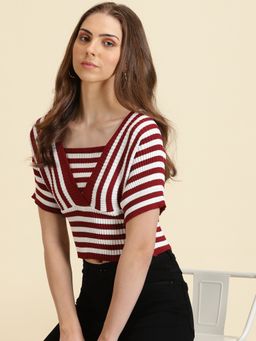 SHOWOFFFF - Womens Square Neck Striped Maroon Fitted Crop Top