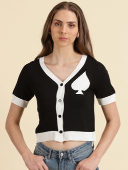 SHOWOFFFF - Womens V-Neck Solid Black Crop Top