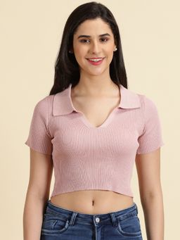 SHOWOFFFF - Womens Above The Keyboard Collar Solid Pink Fitted Crop Top