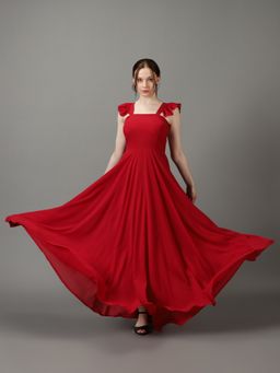 SHOWOFF - Womens Shoulder Straps Solid Maxi Red Dress