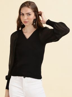 SHOWOFFFF - Womens V-Neck Solid Black Wrap Regular Top