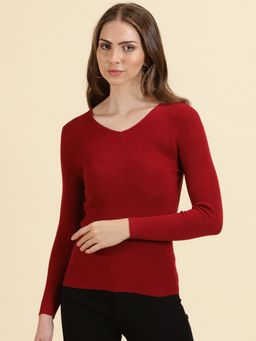SHOWOFFFF - Womens V-Neck Solid Maroon Regular Top