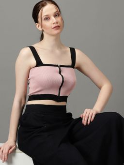 SHOWOFFFF - Womens Colourblocked Cotton Regular Pink Crop Top