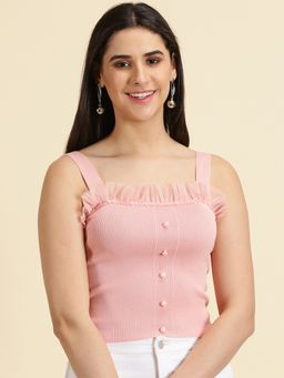 SHOWOFFFF - Womens Shoulder Straps Solid Pink Fitted Crop Top