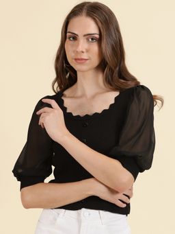 SHOWOFFFF - Womens Scoop Neck Solid Black Fitted Regular Top