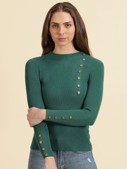 SHOWOFFFF - Womens High Neck Solid Green Fitted Regular Top