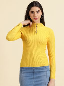 SHOWOFFFF - Womens High Neck Solid Yellow Fitted Regular Top