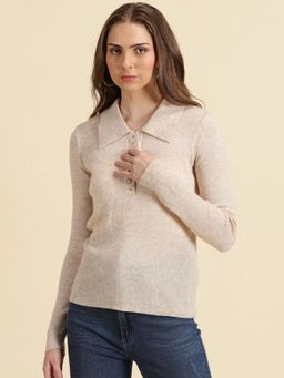 SHOWOFFFF - Womens Shirt Collar Solid Beige Regular Top