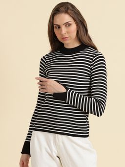 SHOWOFFFF - Womens High Neck Striped Black Fitted Regular Top
