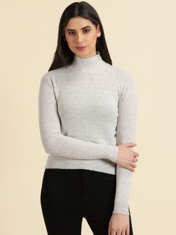 SHOWOFFFF - Womens High Neck Solid Grey Regular Top