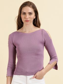 SHOWOFFFF - Womens Boat Neck Solid Lavender Fitted Regular Top