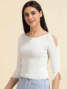 SHOWOFFFF - Womens Boat Neck Solid White Fitted Crop Top