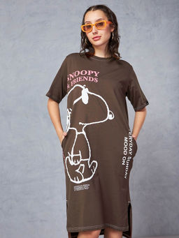 Bewakoof - Official Peanuts Women's Brown Snoopy Graphic Printed Oversized T-Shirt Dress