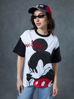 Bewakoof - Official Disney Women's White & Black Mickey Graphic Printed Oversized T-shirt