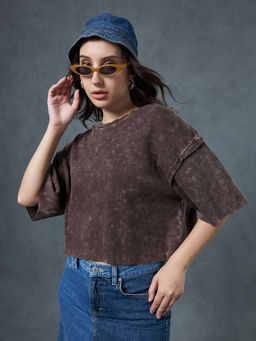 Bewakoof - Women's Brown Oversized Acid Wash Short Top