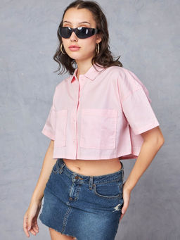 Bewakoof - Women's Pink Oversized Cropped Shirt