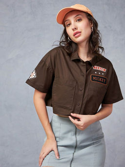 Bewakoof - Women's Brown Mickey Graphic Printed Oversized Crop Shirt